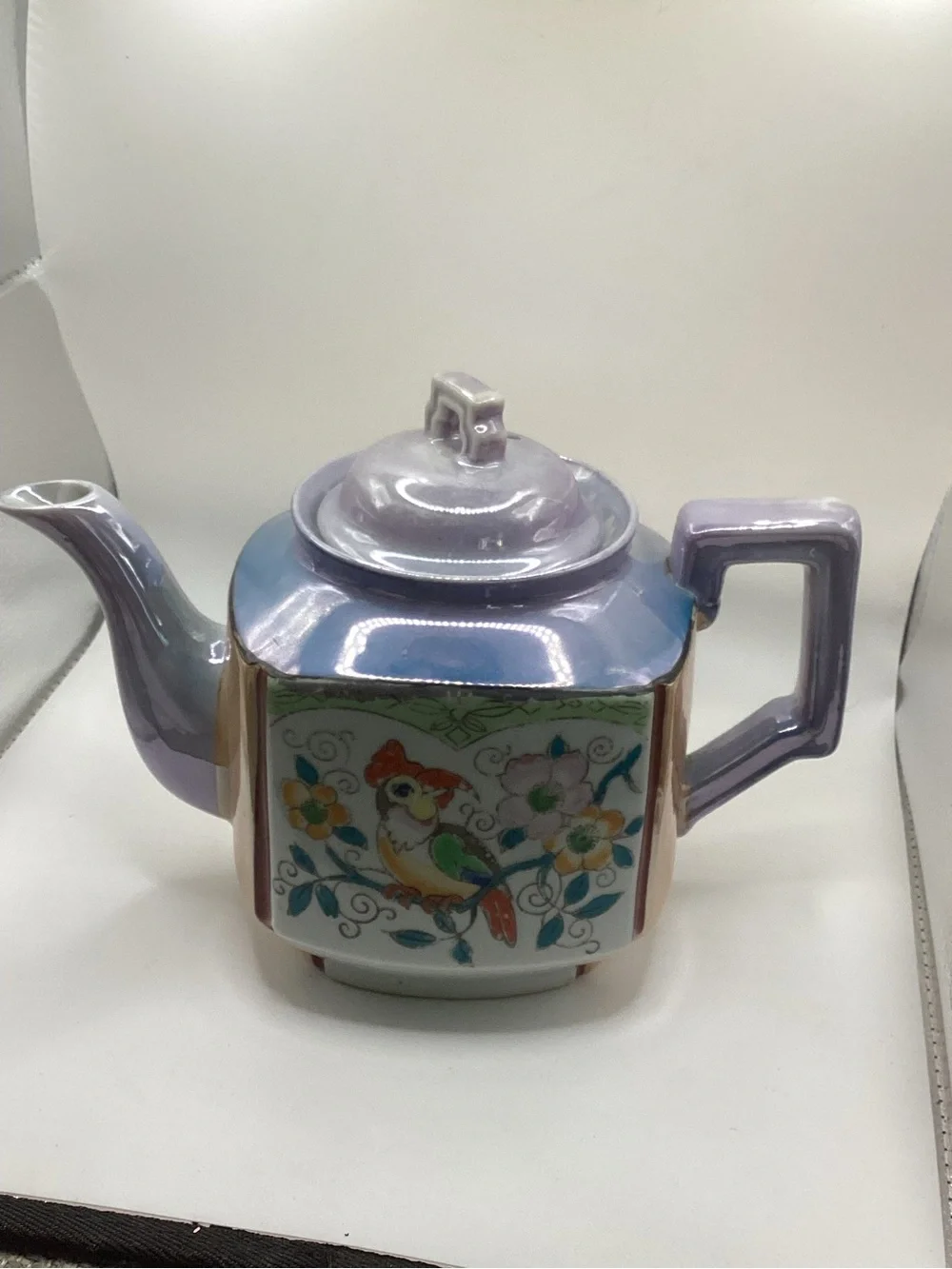 vintage, hand-painted lusterware teapot with floral, bird, tree painting
